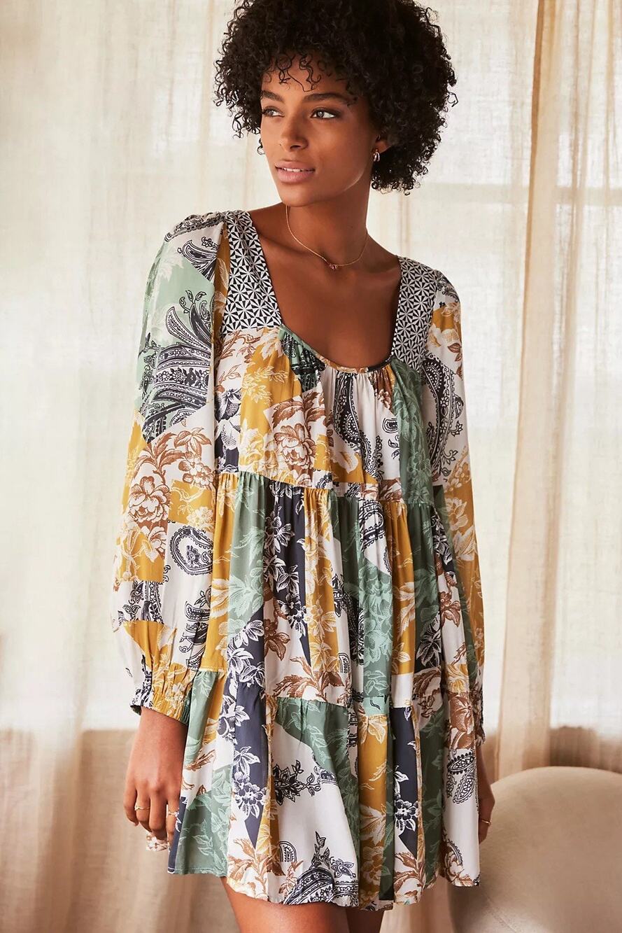 Anthropologie Tiered Mini Dress Patchwork Floral Paisley Print Boho - Women’s L